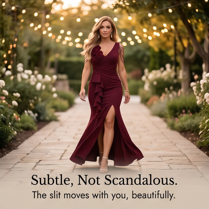 Mermaid Evening Gown with Rosette Shoulder and High Slit