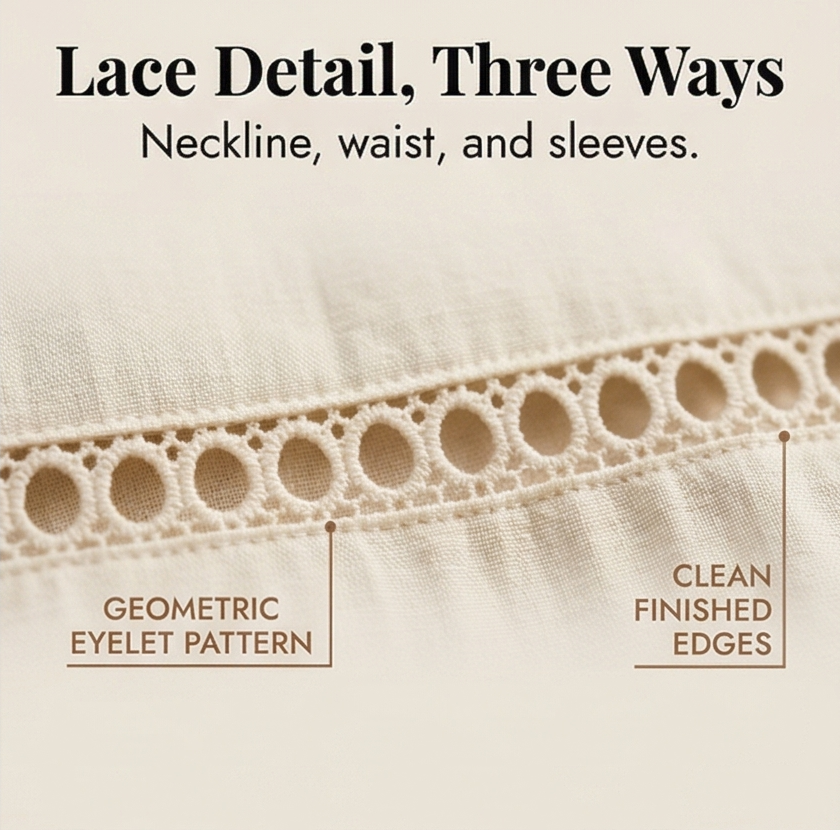 Midi Dress for Women Cotton Linen with Lace Detail