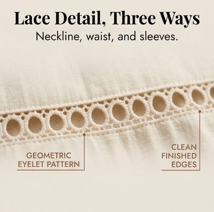 Midi Dress for Women Cotton Linen with Lace Detail