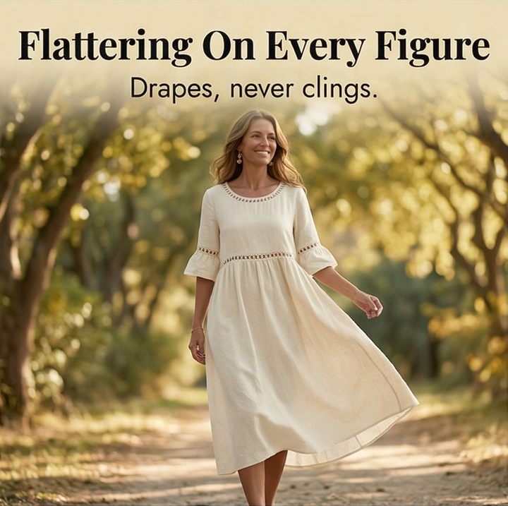 Midi Dress for Women Cotton Linen with Lace Detail