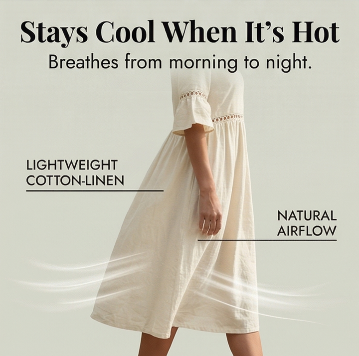 Midi Dress for Women Cotton Linen with Lace Detail