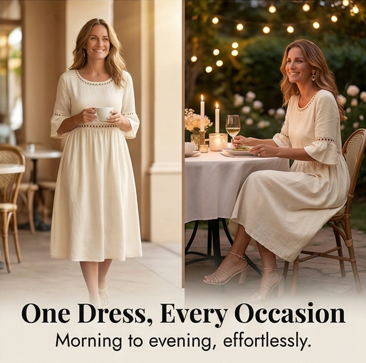 Midi Dress for Women Cotton Linen with Lace Detail