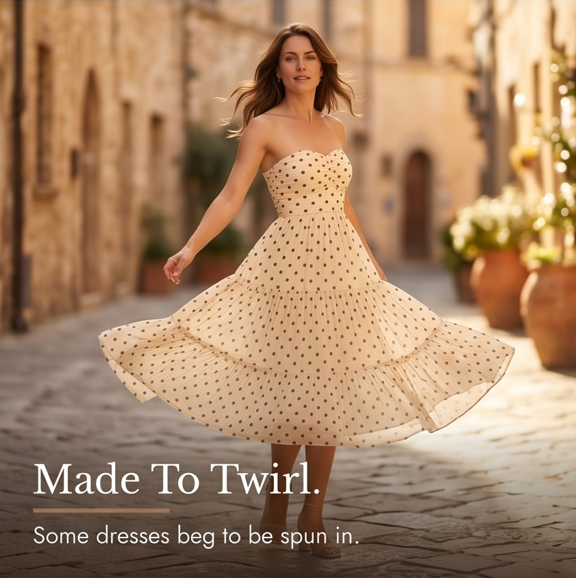 Strapless Polka Dot Midi Dress - Tiered Chiffon Summer Dress