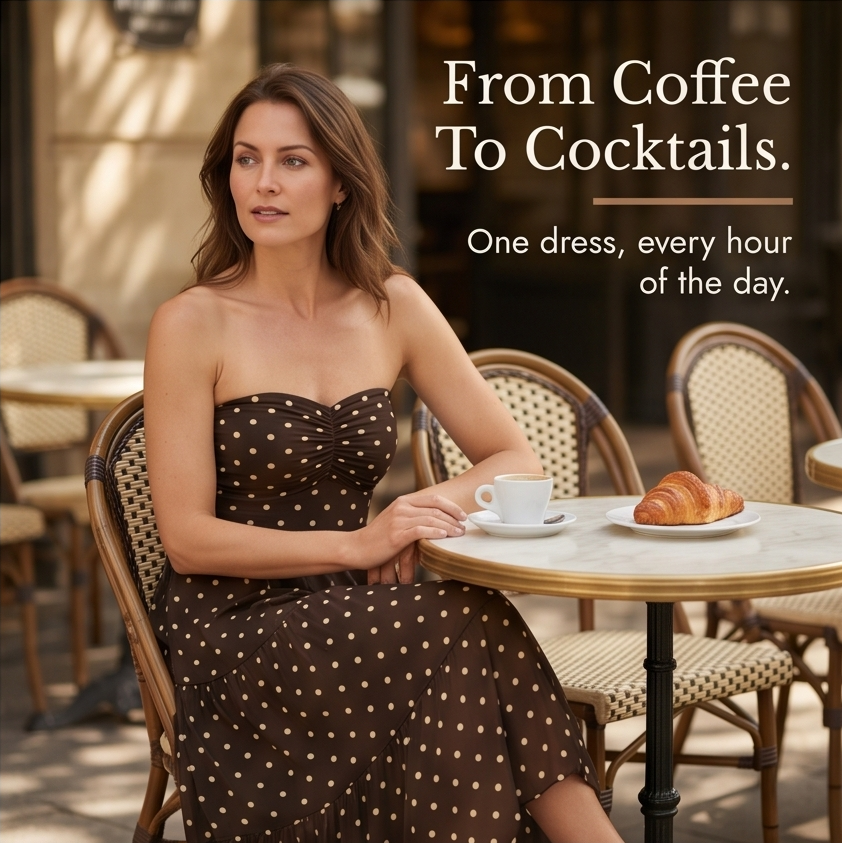Strapless Polka Dot Midi Dress - Tiered Chiffon Summer Dress