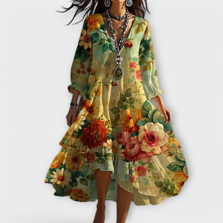 Damen Boho Kleid | Florales Midikleid mit V-Ausschnitt und 3/4-Ärmeln