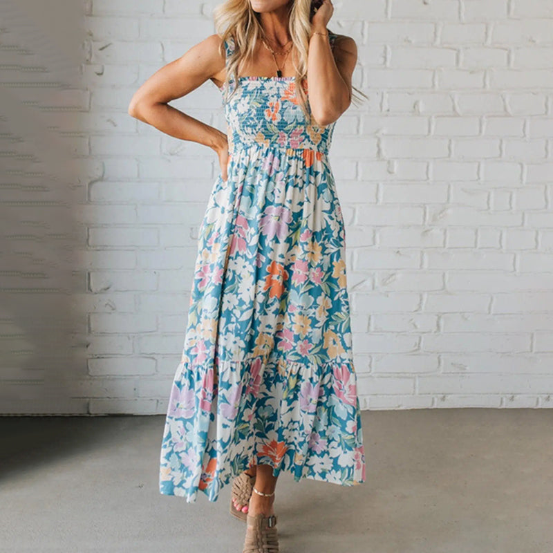 Maxikleid mit Blumenmuster, gerafftes Oberteil, verstellbare Träger