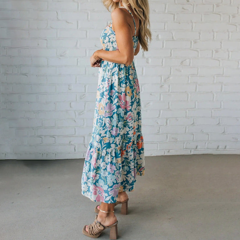 Maxikleid mit Blumenmuster, gerafftes Oberteil, verstellbare Träger