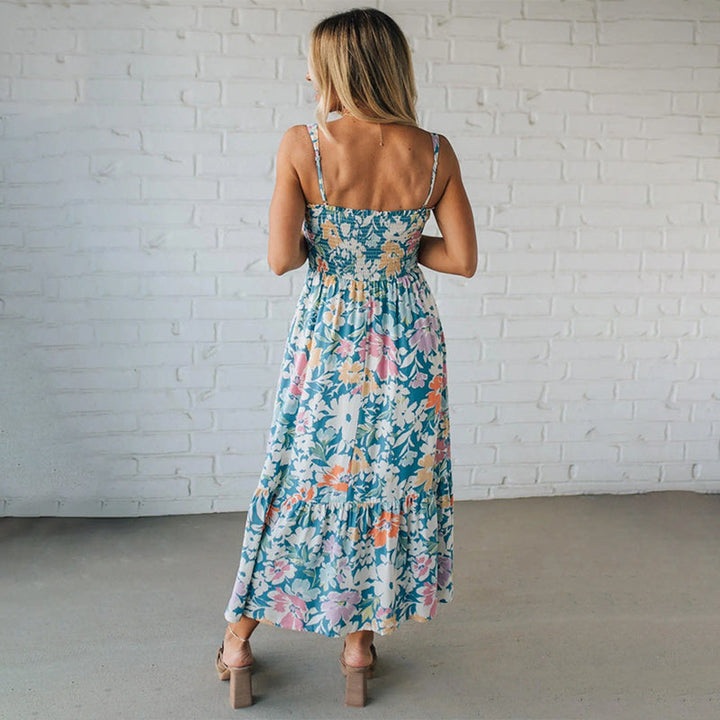 Maxikleid mit Blumenmuster, gerafftes Oberteil, verstellbare Träger
