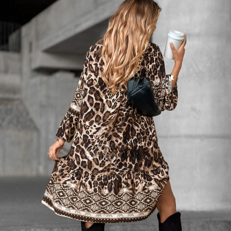 V Neck Printed Dress With Long Sleeves For Women