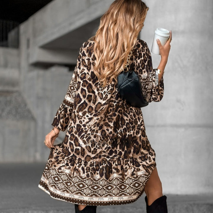 V Neck Printed Dress With Long Sleeves For Women