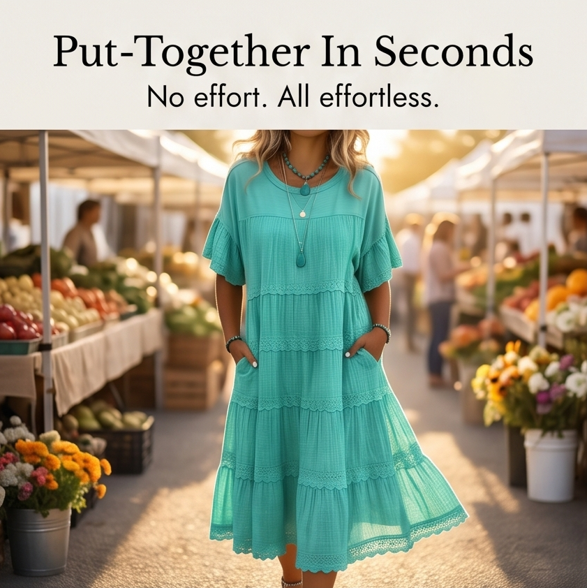 Tiered Lace Midi Dress with Pockets - Flutter Sleeve A-Line