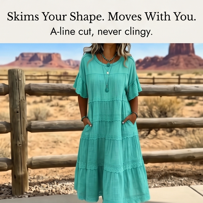 Tiered Lace Midi Dress with Pockets - Flutter Sleeve A-Line