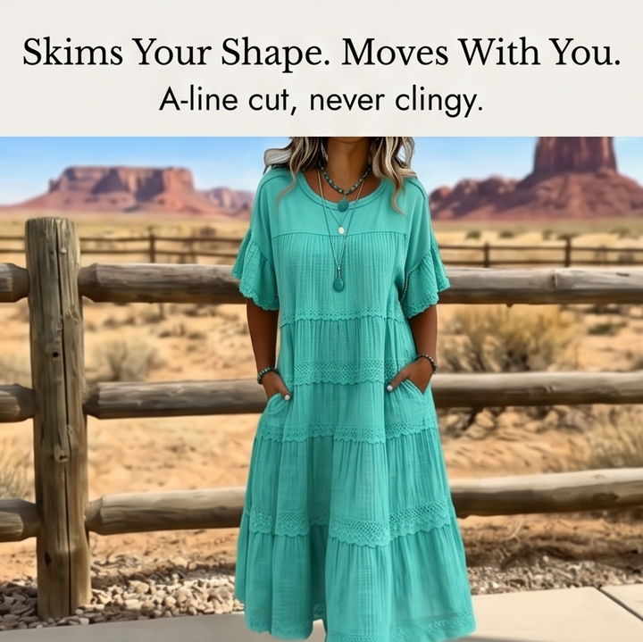 Tiered Lace Midi Dress with Pockets - Flutter Sleeve A-Line