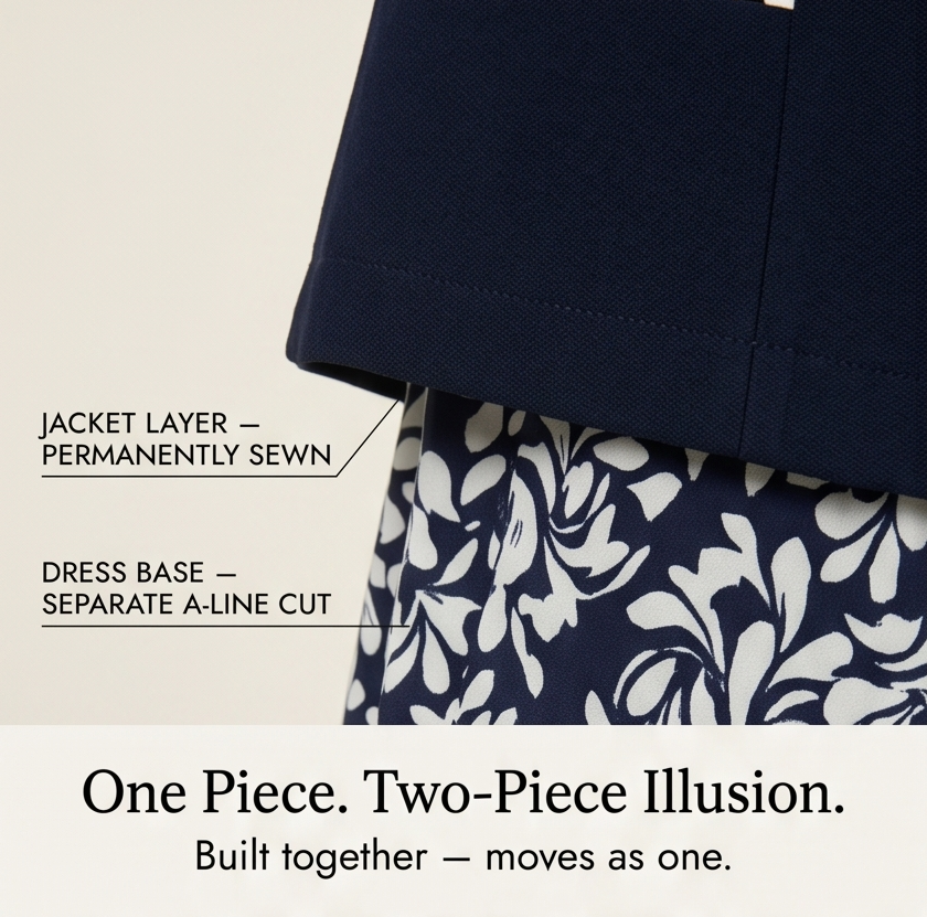 Navy Floral Dress with Built-In Jacket for Special Occasions