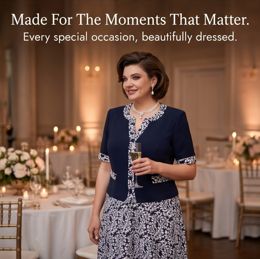 Navy Floral Dress with Built-In Jacket for Special Occasions