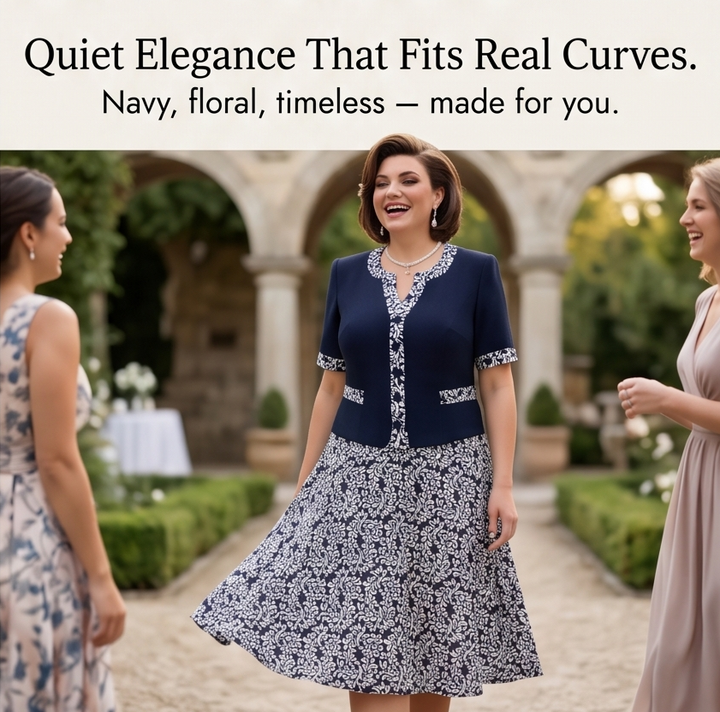 Navy Floral Dress with Built-In Jacket for Special Occasions
