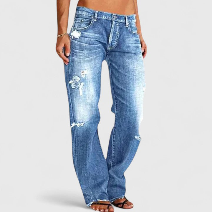 Michelle | Calça Jeans Feminina Rasgada, Cintura Baixa e Perna Reta