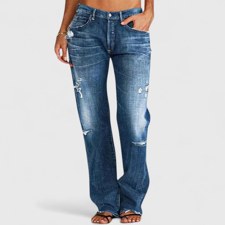 Michelle | Calça Jeans Feminina Rasgada, Cintura Baixa e Perna Reta