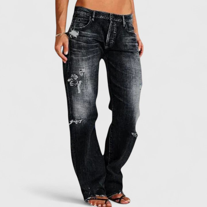 Michelle | Calça Jeans Feminina Rasgada, Cintura Baixa e Perna Reta