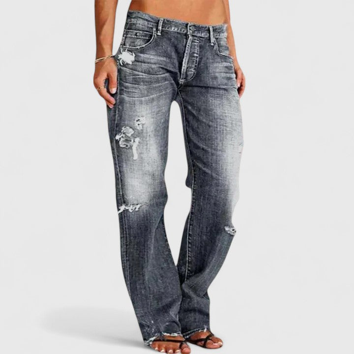 Michelle | Calça Jeans Feminina Rasgada, Cintura Baixa e Perna Reta