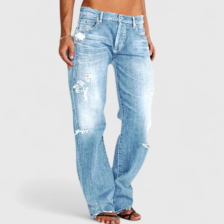 Michelle | Calça Jeans Feminina Rasgada, Cintura Baixa e Perna Reta