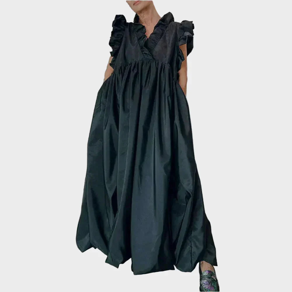 Vestito estivo da donna a pieghe, linea ad A, ampio, con volant, tasche, senza maniche, casual vintage, scollo a V.