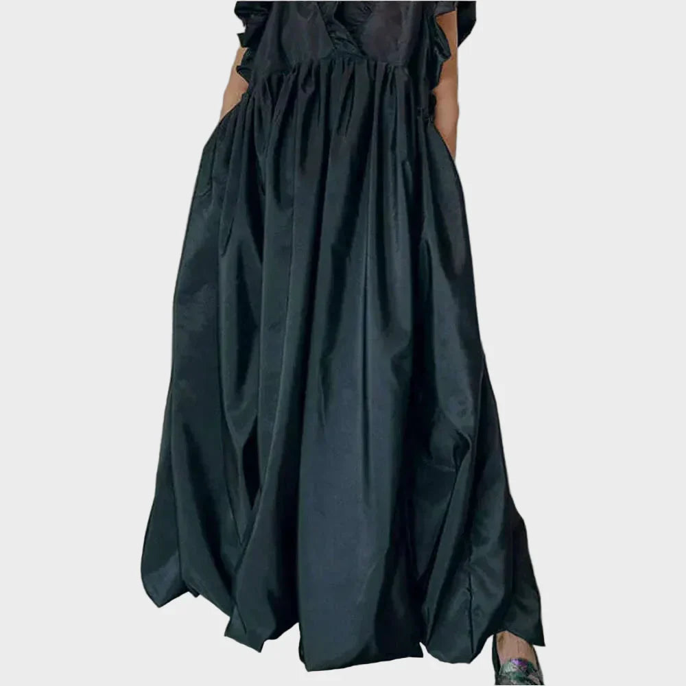 Vestito estivo da donna a pieghe, linea ad A, ampio, con volant, tasche, senza maniche, casual vintage, scollo a V.