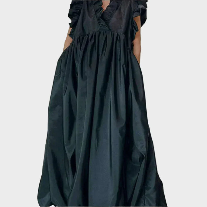 Vestito estivo da donna a pieghe, linea ad A, ampio, con volant, tasche, senza maniche, casual vintage, scollo a V.